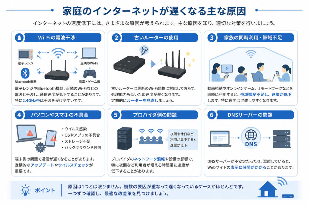 家庭のインターネットが遅くなる主な原因