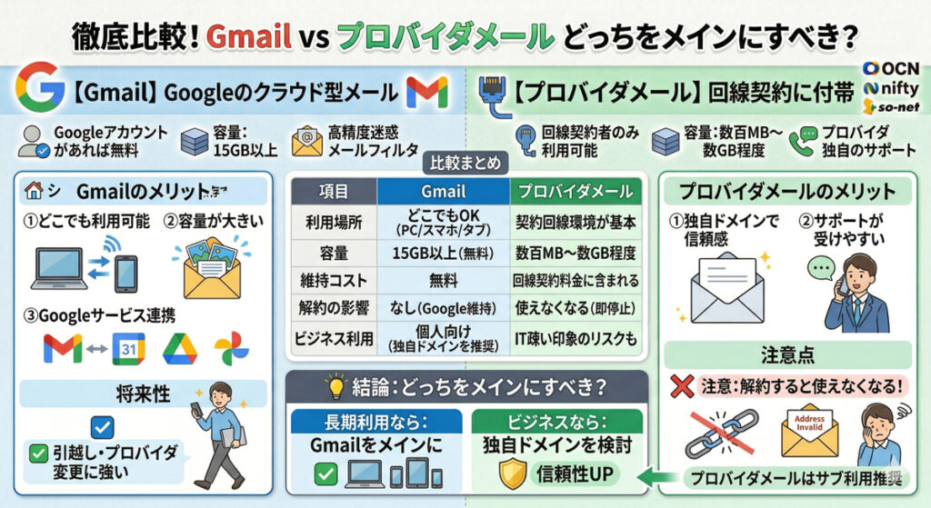 Gmailとプロバイダメールはどっちがいいのか？どっちをメインにすべき？