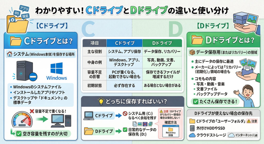 CドライブとDドライブの違いまとめ