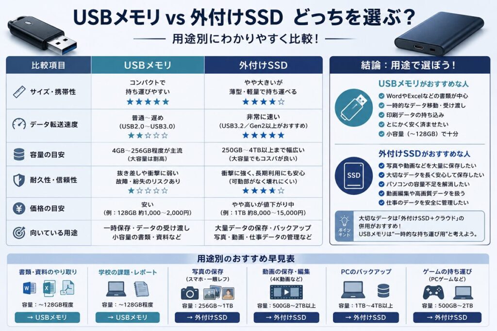 USBメモリ vs 外付けSSD どっちを選ぶ?用途別にわかりやすく比較!図解まとめ